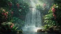 lush green jungle foliage and flowers with waterfall and birds