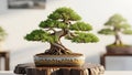Lush green juniper bonsai tree with twisted trunk and exposed roots in a ceramic pot Royalty Free Stock Photo