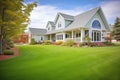 lush green lawn in front of a twostory brick cape cod home