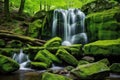 lush green moss covered rocks around a forest waterfall Royalty Free Stock Photo