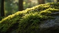 Lush Green Moss and Ferns on a Rock in a Forest with Soft Sunlight Royalty Free Stock Photo