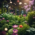 Lush Green Oasis in Space: AI-Crafted Greenhouse with Vibrant Flora.