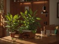 Lush green plants nestled in pots find their place on a rustic wooden table bathed in the gentle embrace of sunlight.