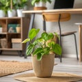 Lush green potted plant on a jute rug with a modern home office backdrop Royalty Free Stock Photo