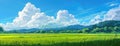 lush green rice fields, gently swaying in the breeze, under a clear blue sky dotted with fluffy white clouds. Royalty Free Stock Photo