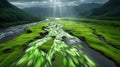 Lush green river flowing through a vibrant valley under dramatic clouds Royalty Free Stock Photo