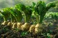 Lush Green Sugar Beet Crop Growing in Fertile Farm Soil Under Sunlight, Agriculture and Farming Concept