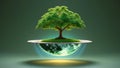 Lush green tree growing on a floating island above a glowing earth Royalty Free Stock Photo