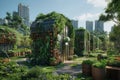 Lush green urban gardens showcasing sustainable living and agriculture in a futuristic cityscape