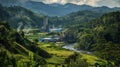 A lush green valley with a winding river ting through the center. Nestled a the trees and vegetation are several small Royalty Free Stock Photo