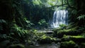 lush green vegetation and rocks in a misty waterfall landscape Royalty Free Stock Photo