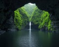 Lush green waterfall in a cave Royalty Free Stock Photo