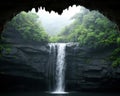 Lush green waterfall in a cave Royalty Free Stock Photo