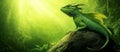 With lush greenery in the background, a green lizard rests on a rock in the sunlight, leaving ample space for text or Royalty Free Stock Photo