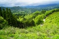 Lush greenery mountain panorama, bridge and town view from afar