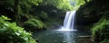 lush greenery surrounds the base of Nuorilang Waterfall, foliage, landscape, greenery Royalty Free Stock Photo