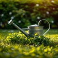 Lush greenery a watering can tends to the vibrant garden lawn