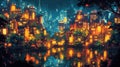 Lush, illuminated city by a tranquil lake at night Royalty Free Stock Photo