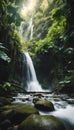 Lush jungle forest with a stunning waterfall cascading over a bed of lush moss, AI-generated. Royalty Free Stock Photo