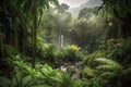 lush jungle landscape with waterfall and misty rain clouds