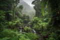 lush jungle landscape with waterfall and misty rain clouds