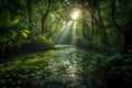 Lush jungle river illuminated by morning light, adorned with tropical blooms and vines Royalty Free Stock Photo