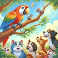 lush jungle scene with a variety of animals. There are four main dogs, all looking upwards, two on the right and two on the left. Royalty Free Stock Photo