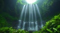 Lush jungle waterfall cascading sunlight, tropical rainforest Royalty Free Stock Photo
