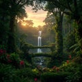 Lush Jungle Waterfall at Sunset with Overgrown Bridge Royalty Free Stock Photo