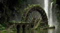 Ancient Overgrown Water Wheel by Waterfall, Abandoned Stone Structure Royalty Free Stock Photo