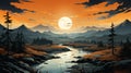 Lush Landscape Animation: Mountains, Stream, Sunset - Dark Orange & Dark Aquamarine