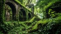 Lush landscape with overgrown fortification