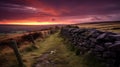Lush Landscape: Stone Wall In Yorkshire At Sunset Royalty Free Stock Photo