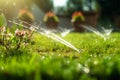 Lush lawn receives care from water saving sprinkler system with adjustability