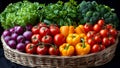 Veggies galore in a round basket.