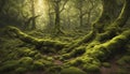 A lush, moss-covered forest with ancient trees and a sense of