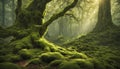 A lush, moss-covered forest with ancient trees and a sense of