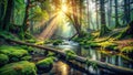 Lush MossCovered Forest Stream A Serene Landscape of Fallen Trees Thickets and Sunlight Filtering Through Royalty Free Stock Photo