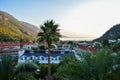 Lush mountaineous seaside town before sunset with paragliders