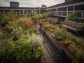 Lush office rooftop garden with seating