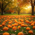 A lush park setting features a vast array of orange pumpkins scattered across