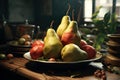 Lush Pears ripe table cinematic shot. Generate Ai