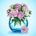 Lush pink peonies bouquet in a blue fishbowl