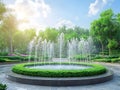 Lush Public Park Fountain with Smart Irrigation System