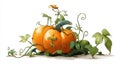 Lush pumpkin vine with vibrant orange pumpkin and leaves on white background Royalty Free Stock Photo