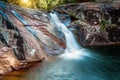 Lush slip slide waterfall into swimming hole Royalty Free Stock Photo