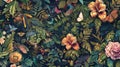 A lush tapestry showcases the intricate beauty of flowers and foliage, inhabited by butterflies, creating a vivid