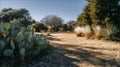 A lush Texas yard features prickly pear cacti and big bluestem grass, designed for drought tolerance and pollinator support Royalty Free Stock Photo