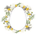 Beautiful wreath of field daisies on a white background with a plate in the form of an egg.