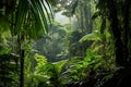 Lush tropical green forest with diverse flora. Tall majestic trees